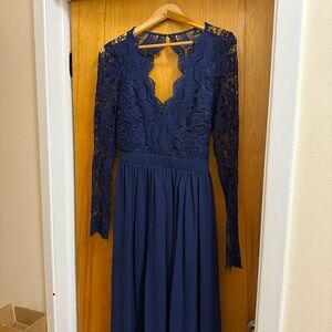 Lulu's Navy Backless Lace LongSleeve Floor-length Gown